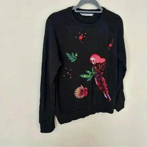 Zara Embroidered Parrot Sequin Festive Holiday Black Sweater Women’s Size XS - Picture 3 of 6